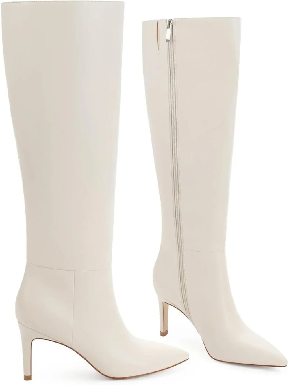 Women's Beige White Pointed Toe Faux Leather Stiletto Heel Over The Knee Boots